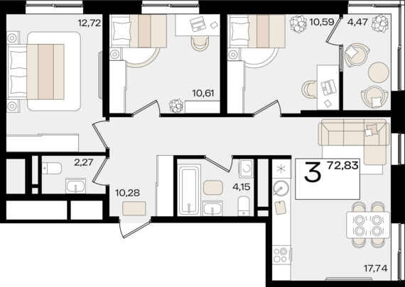 3-комнатная квартира №6 72,83 м2 от застройщика ГК ТОЧНО