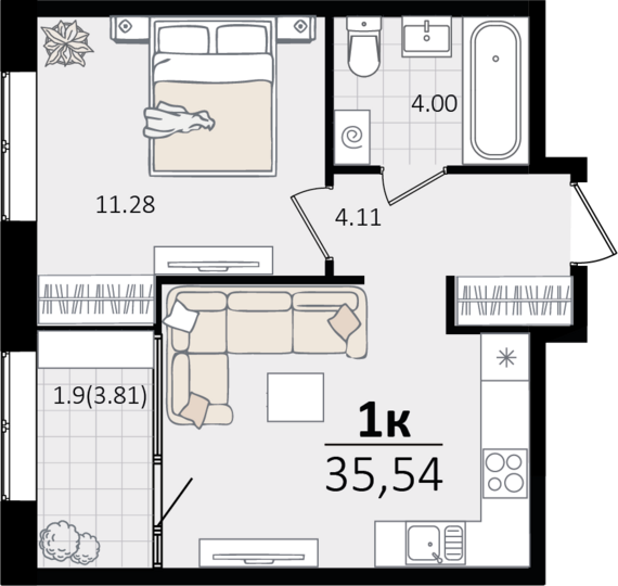 1-комнатная квартира №37.1 35,54 м2 от застройщика ГК ТОЧНО