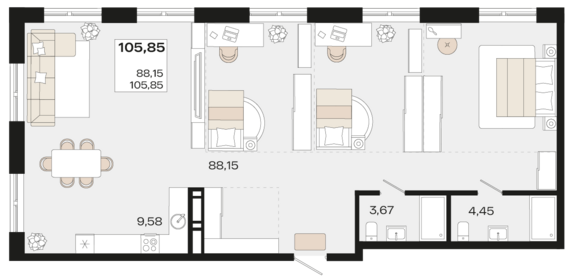 Пентхаус №107.1 105,85 м2 от застройщика ГК ТОЧНО