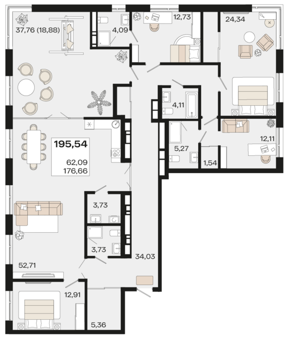 Пентхаус №201.1 195,54 м2 от застройщика ГК ТОЧНО