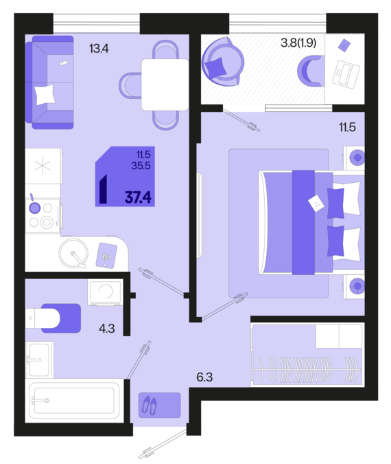 1-комнатная квартира №229 37,4 м2 от застройщика ГК ТОЧНО