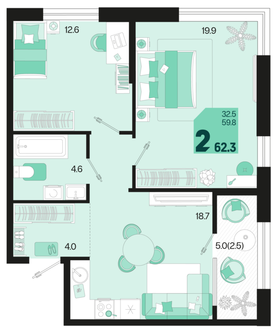 2-комнатная квартира №352 62,3 м2 от застройщика ГК ТОЧНО