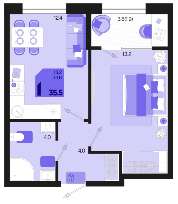 1-комнатная квартира №436 35,5 м2 от застройщика ГК ТОЧНО