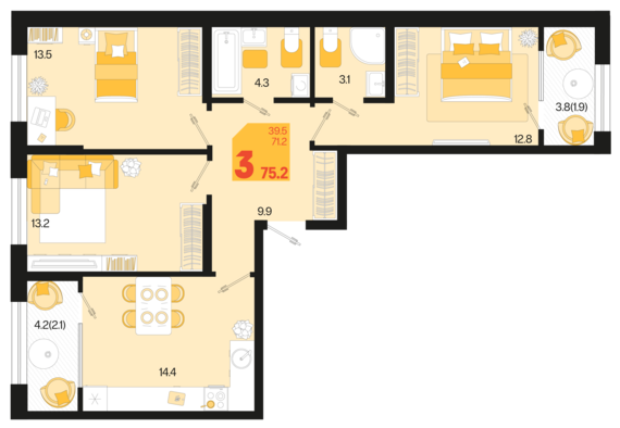 3-комнатная квартира №437 75,2 м2 от застройщика ГК ТОЧНО