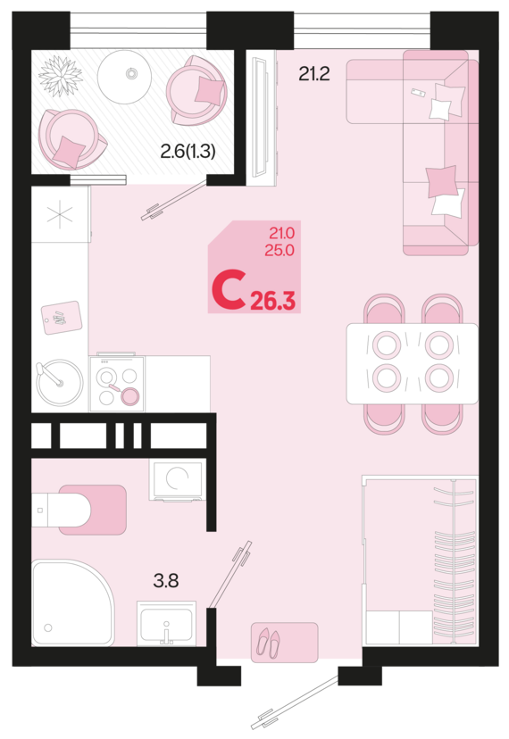 Студия №577 26,3 м2 от застройщика ГК ТОЧНО