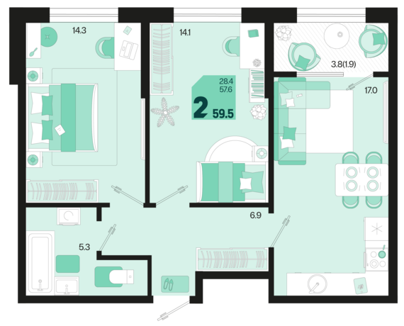2-комнатная квартира №40 59,5 м2 от застройщика ГК ТОЧНО