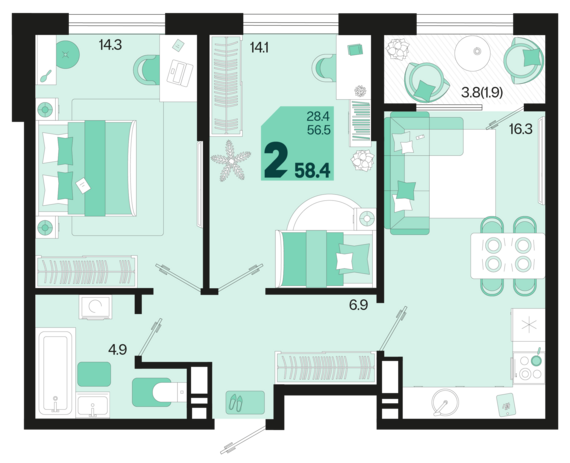 2-комнатная квартира №213 58,4 м2 от застройщика ГК ТОЧНО