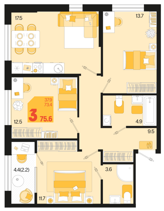 3-комнатная квартира №356 75,6 м2 от застройщика ГК ТОЧНО