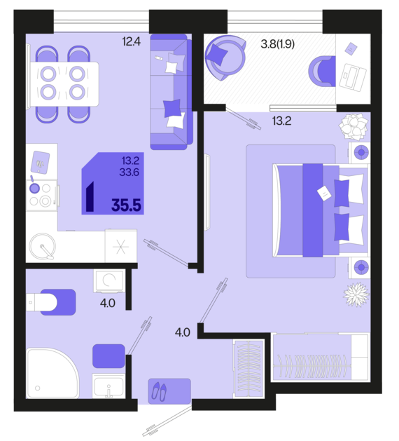 1-комнатная квартира №254 35,5 м2 от застройщика ГК ТОЧНО