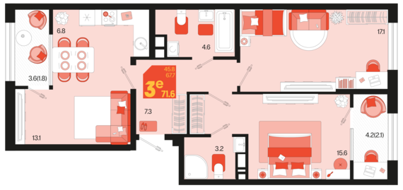 евро 3 к.кв. №41 72,6 м2 от застройщика ГК ТОЧНО