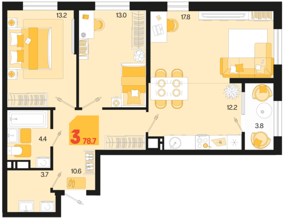 3-комнатная квартира №132 78,7 м2 от застройщика ГК ТОЧНО