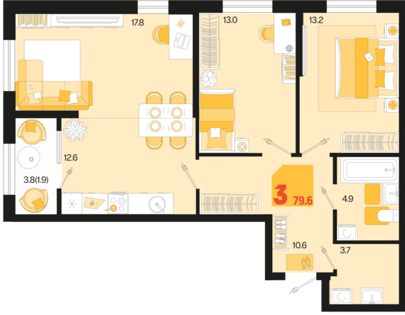 3-комнатная квартира №4 79,6 м2 от застройщика ГК ТОЧНО