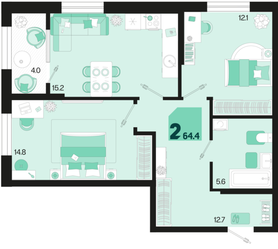 2-комнатная квартира №8 64,4 м2 от застройщика ГК ТОЧНО