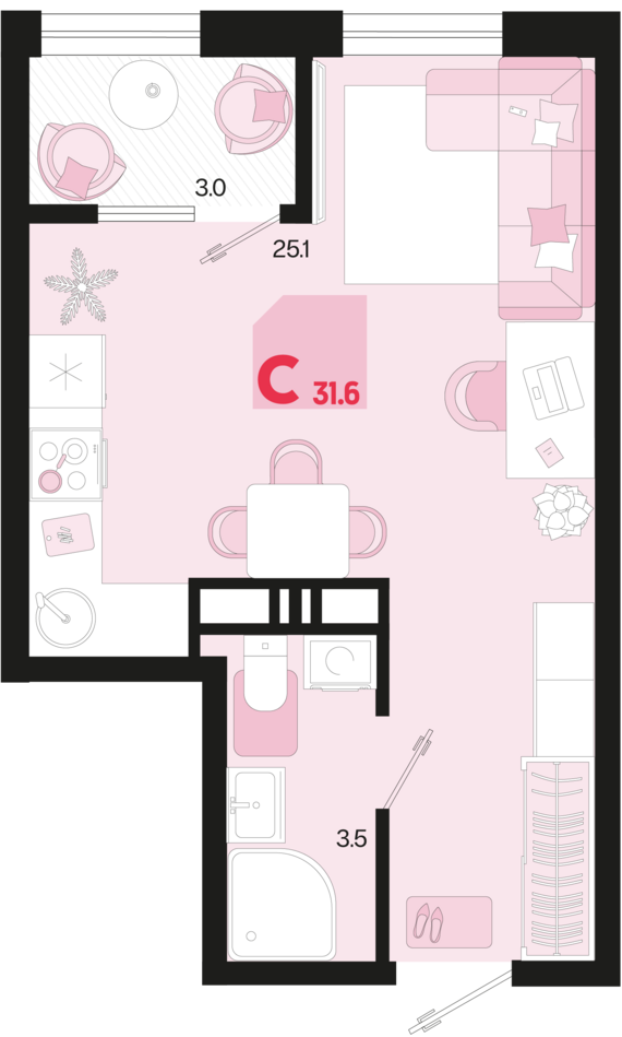Студия №90 31,6 м2 от застройщика ГК ТОЧНО