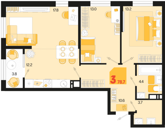 3-комнатная квартира №84 78,7 м2 от застройщика ГК ТОЧНО