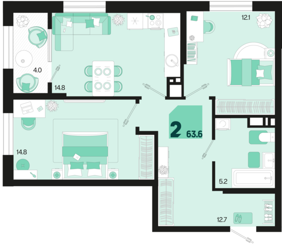 2-комнатная квартира №56 61,6 м2 от застройщика ГК ТОЧНО