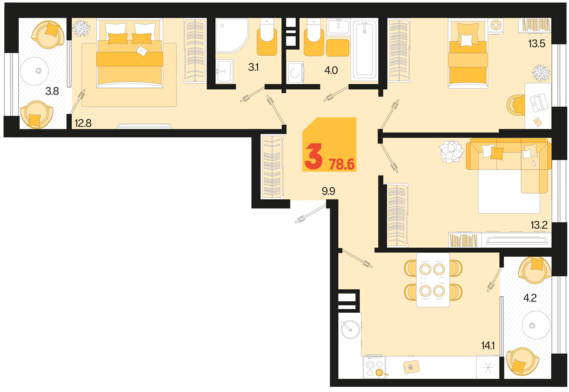 3-комнатная квартира №40 78,6 м2 от застройщика ГК ТОЧНО