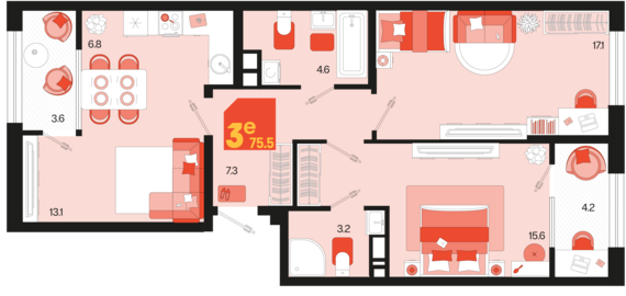 евро 3 к.кв. №56 75,5 м2 от застройщика ГК ТОЧНО