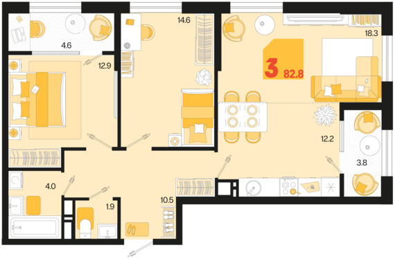 3-комнатная квартира №77 82,8 м2 от застройщика ГК ТОЧНО