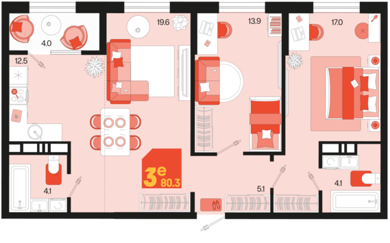 евро 3 к.кв. №78 80,3 м2 от застройщика ГК ТОЧНО