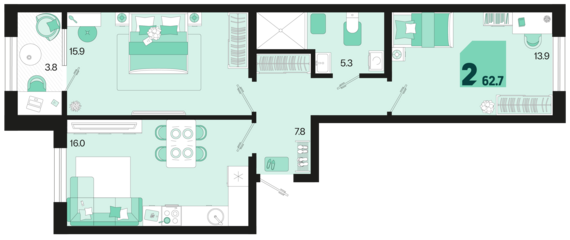2-комнатная квартира №348 62,7 м2 от застройщика ГК ТОЧНО