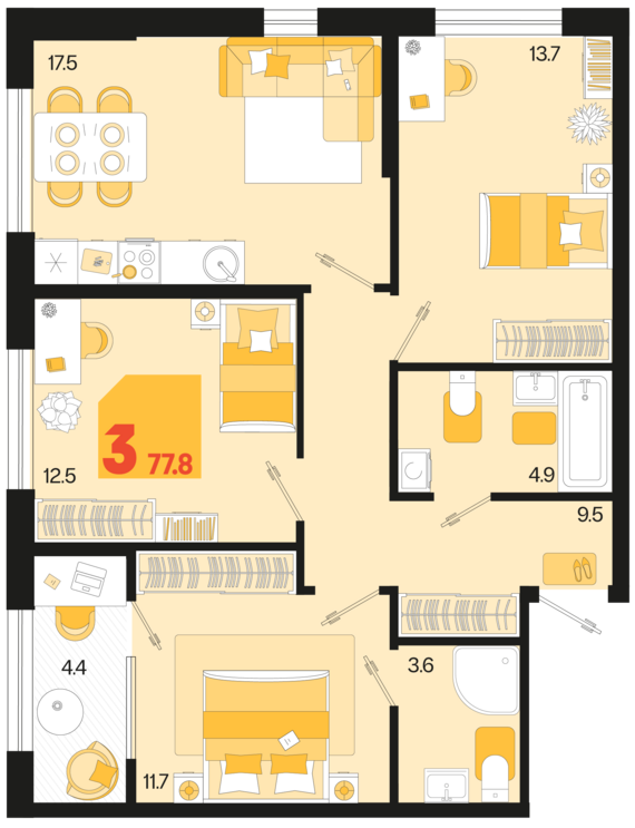 3-комнатная квартира №351 77,8 м2 от застройщика ГК ТОЧНО