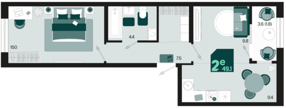 евро 2 к.кв. №354 49,1 м2 от застройщика ГК ТОЧНО