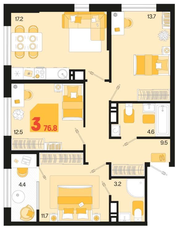 3-комнатная квартира №358 76,8 м2 от застройщика ГК ТОЧНО
