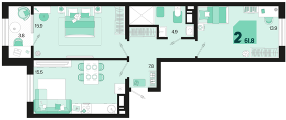 2-комнатная квартира №397 61,8 м2 от застройщика ГК ТОЧНО