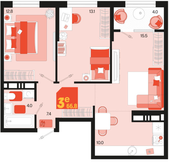 евро 3 к.кв. №342 66,8 м2 от застройщика ГК ТОЧНО