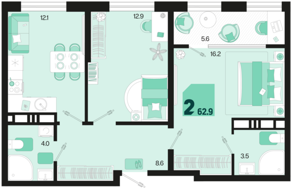 2-комнатная квартира №343 62,9 м2 от застройщика ГК ТОЧНО