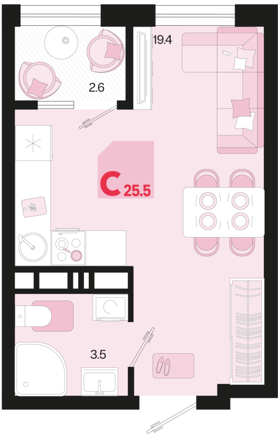 Студия №345 25,5 м2 от застройщика ГК ТОЧНО