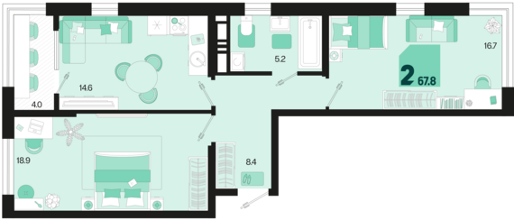 2-комнатная квартира №346 67,8 м2 от застройщика ГК ТОЧНО