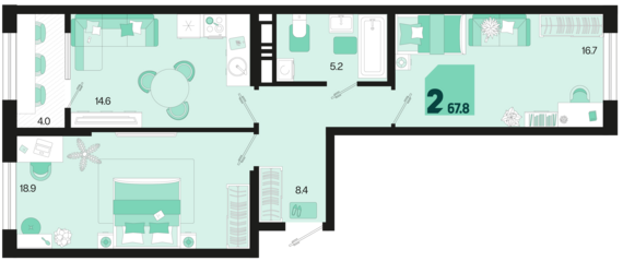 2-комнатная квартира №252 67,8 м2 от застройщика ГК ТОЧНО
