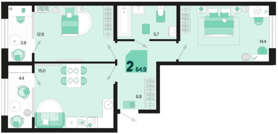 2-комнатная квартира №464 64,9 м2 от застройщика ГК ТОЧНО