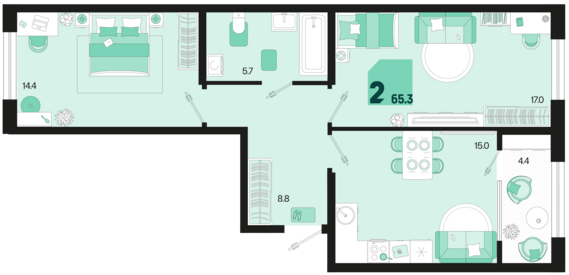 2-комнатная квартира №467 65,3 м2 от застройщика ГК ТОЧНО