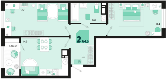 2-комнатная квартира №492 64,5 м2 от застройщика ГК ТОЧНО