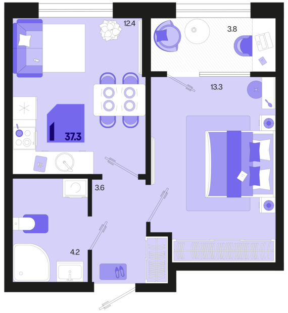 1-комнатная квартира №435 37,3 м2 от застройщика ГК ТОЧНО