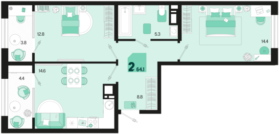 2-комнатная квартира №437 64,1 м2 от застройщика ГК ТОЧНО