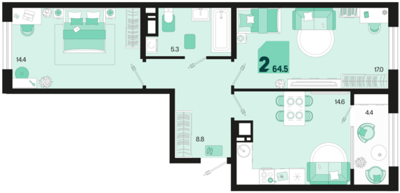 2-комнатная квартира №448 64,5 м2 от застройщика ГК ТОЧНО