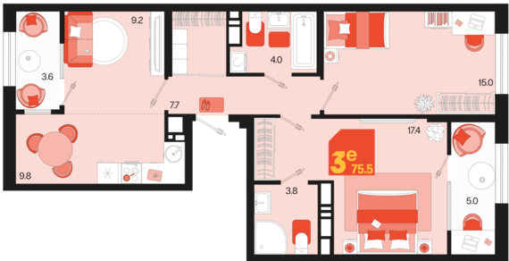 евро 3 к.кв. №591 75,5 м2 от застройщика ГК ТОЧНО