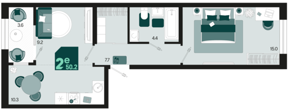 евро 2 к.кв. №495 50,2 м2 от застройщика ГК ТОЧНО