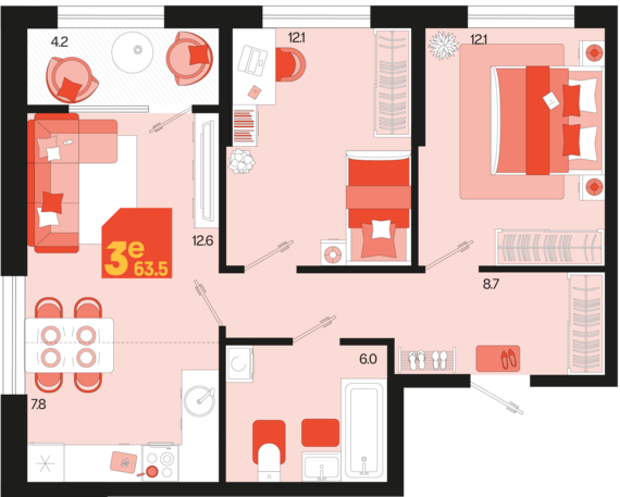 евро 3 к.кв. №497 63,5 м2 от застройщика ГК ТОЧНО