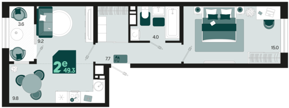 евро 2 к.кв. №501 49,3 м2 от застройщика ГК ТОЧНО