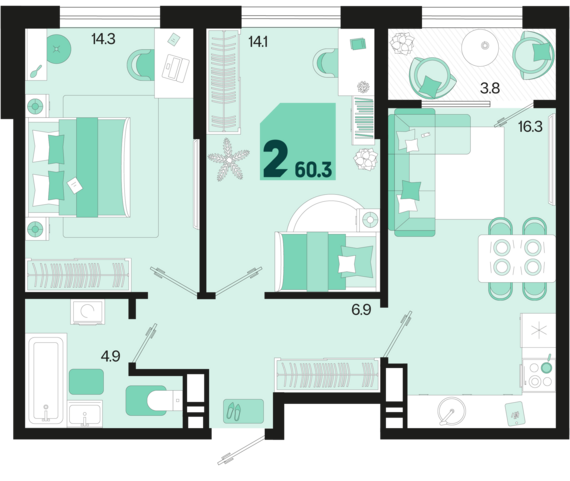 2-комнатная квартира №208 60,3 м2 от застройщика ГК ТОЧНО