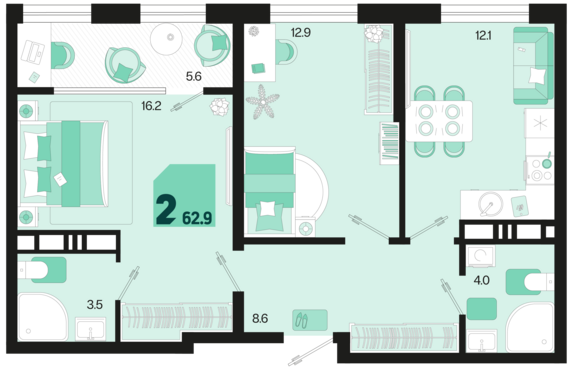 2-комнатная квартира №212 62,9 м2 от застройщика ГК ТОЧНО