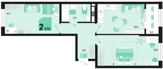 2-комнатная квартира №105 67,8 м2 от застройщика ГК ТОЧНО