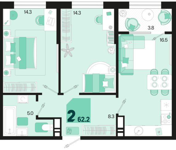2-комнатная квартира №738 62,2 м2 от застройщика ГК ТОЧНО