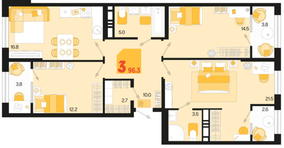 3-комнатная квартира №739 96,3 м2 от застройщика ГК ТОЧНО