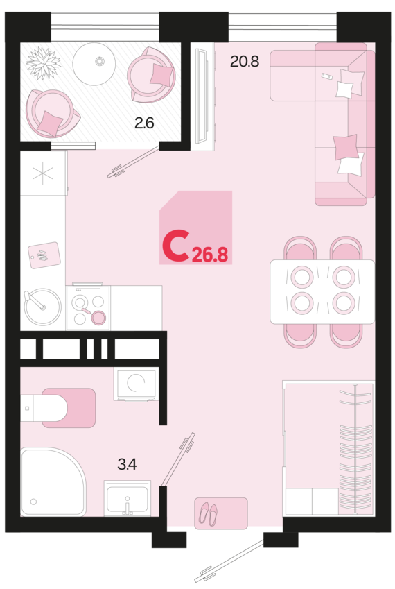 Студия №742 26,8 м2 от застройщика ГК ТОЧНО